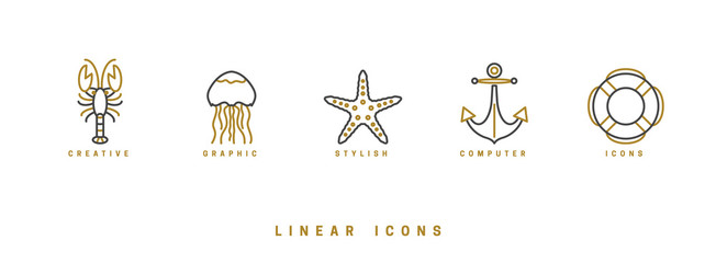 Set of vector, nautical icons. Linear illustrations