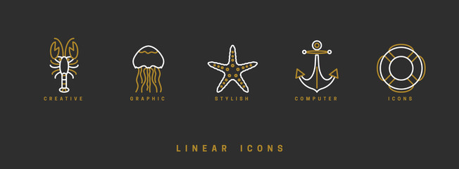 Naklejka premium Set of vector, nautical icons. Linear illustrations