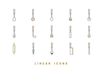 Icons Kitchen tool in linear style. set icon cutlery vector graphics
