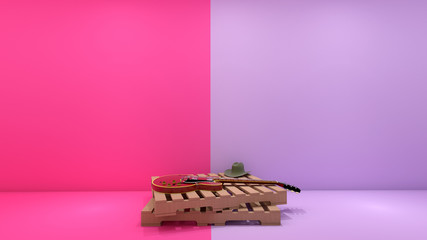 3d render of country style and electric guitar on pallet wood in pastel color two tone