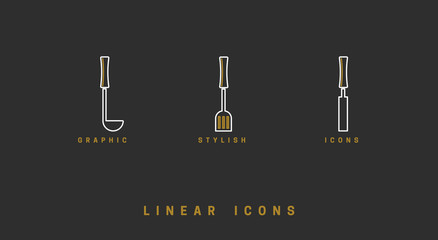 Icons Kitchen tool in linear style. set icon cutlery vector graphics