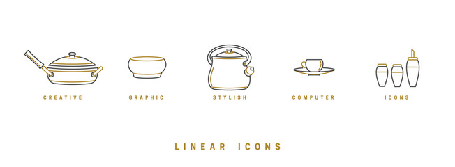 A set of vector images of dishes, tools, isolated in a linear style, icons.