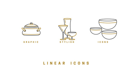 A set of vector images of dishes, tools, isolated in a linear style, icons.