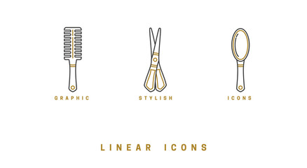 Icons barbershop in linear style. set of tools for hair care, comb brush, scissors. hairbrush icon vector graphics