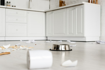 selective focus of metal bowl on floor with toilet paper and broken dishes