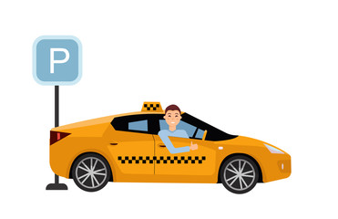 Smiling young taxi driver inside his car.Taxi service on parking lot. Friendly taxi driver at the wheel of car. Side view of Right-hand drive car.Vector flat cartoon illustration on white background