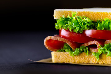 Sandwich with ham and fresh vegetables close up on dark background. Copy space