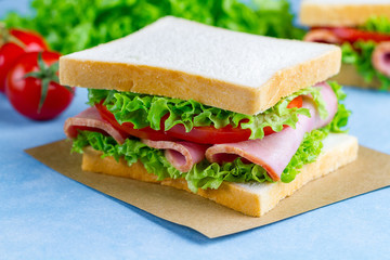 Homemade sandwich with ham, toast bread and fresh vegetables close up on blue background