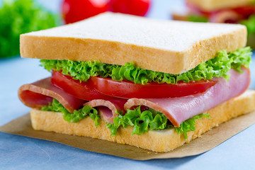 Homemade sandwich with ham, toast bread and fresh vegetables close up on blue background
