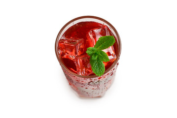 Red fresh drink with ice, grapefruit and mint isolated on white. Space for text or design.
