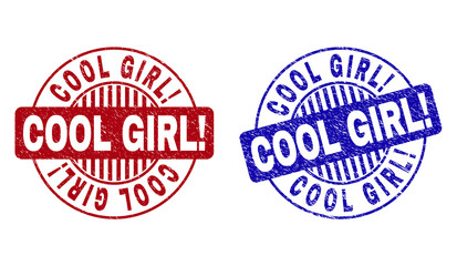 Grunge COOL GIRL! round stamp seals isolated on a white background. Round seals with grunge texture in red and blue colors.