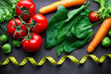 Ripe vegetables for cooking fresh salad and healthy dishes. Proper nutrition, clean balanced food. Diet concept. Fitness eating and losing weight.