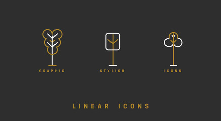 Trees, vector icon set. Collection in linear style, illustration.