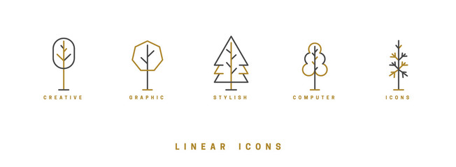 Trees, vector icon set. Collection in linear style, illustration.