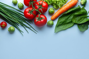 Diet and nutrition concept. Ripe fresh vegetables for cooking healthy dishes. Clean balanced fiber food and healthy lifestyle. Copy space
