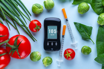 Diabetes concept. Balanced, clean food for healthy lifestyle of diabetic patient. Measuring and monitoring glucose levels. Diabetes diet - obrazy, fototapety, plakaty