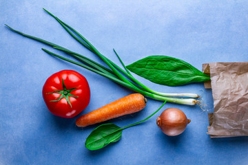 Food basket. Buying ripe vegetables for cooking fresh salad and vegetable dishes. Healthy food and balanced diet. Proper nutrition