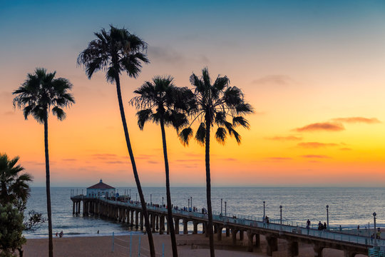 Sunset at California beach, Manhattan Beach, Los Angeles, USA.