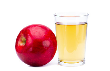 Isolated glass of fresh apple juice and single one  ripe red apple on a white background