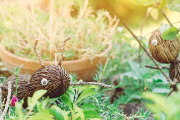 An artificial ant statue made from coconut, decorated on trees in the garden.