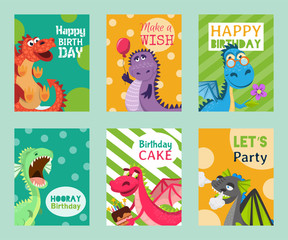 Baby dragons set of birthday or invitation cards or banners vector illustration. Cartoon funny little sitting dragons with wings. Fairy dinosaurs with cake, baloon, flower. Make a wish, hooray.