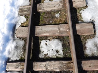 Old narrow gauge railway close-up in winter.