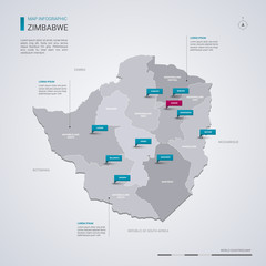 Zimbabwe vector map with infographic elements, pointer marks.