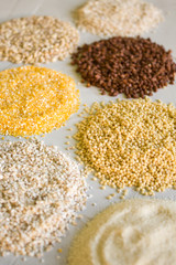 Grain crop, cereals. The concept of a healthy diet, vegetarian. Close up. The view from the top.