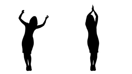 Girl claps her hands and moves her body to the music. White background. Silhouette