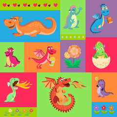 Fototapeta na wymiar Baby dragons psattern vector illustration. Cartoon funny little sitting and flying dragons with wings. Fairy dinosaurs hatching from egg, breathing fire, holding book, pop corn, baloon.