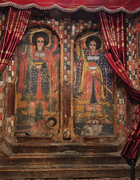 TIGRAY, ETHIOPIA - February 25, 2019: iconographic scenes and wall murals of saints painted in Selassie Chelokot church