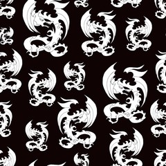 dragon, different size, in black and white, pattern, black background
