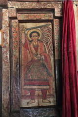 TIGRAY, ETHIOPIA - February 25, 2019: iconographic scenes and wall murals of saints painted in Selassie Chelokot church - 258973660
