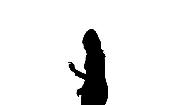 Silhouette of a girl who is fun dancing white background