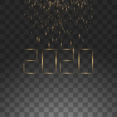 NYE New Year Eve 2020. Happy New Year 2020 winter holiday greeting card with clock isolated on black transparent background. Design template. Party poster, banner or invitation gold glittering stars
