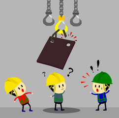 Accident from lifting chain holding heavy metal sheet above worker,unsafe situation,safety engineering cartoon style,Vector 