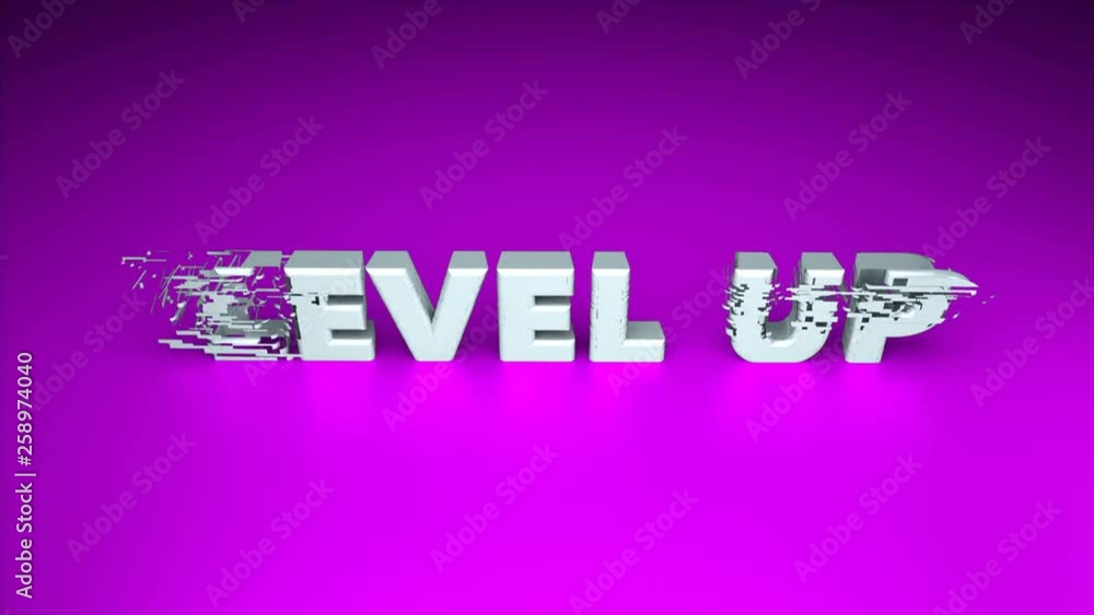 Poster 3d text - level up with glitches effect are on surface, background for gaming design, above view, co