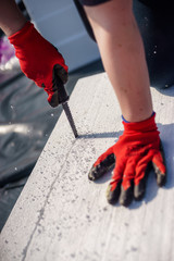 Cutting styrofoam on the construction site