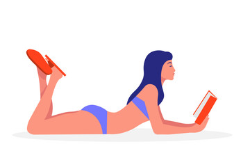 A woman in a swimsuit is lying and reading a book. Education and recreation. Female student on vacation. Vector flat illustration