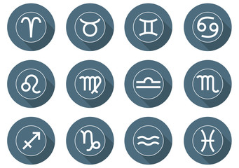 Set of Zodiac Signs Icons. Horoscope signs: Aries, Taurus, Gemini, Cancer, Leo, Virgo, Libra, Scorpio, Sagittarius, Capricorn, Aquarius, Pisces. Flat Style. Vector illustration for Your Design, Web.