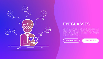 Eyeglasses shop concept: Man is trying on different eyeglasses. Gradient flat and thin line icons: sunglasses, sport glasses, rectangular, aviator. Modern vector illustration, web page template.