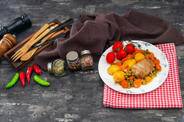 Beef meat stewed with potatoes-Traditional French cuisine Beef Bourguignon potatoes carrots in persillade