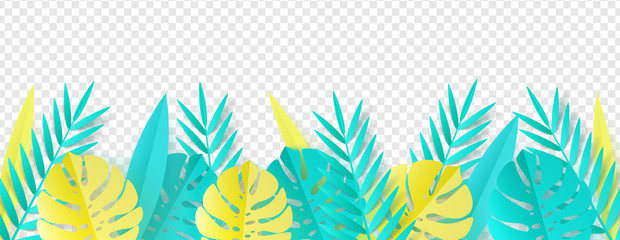 Vector illustration. Tropical Leaves in paper art style isolated on transparent background - floral seasonal decorative element.