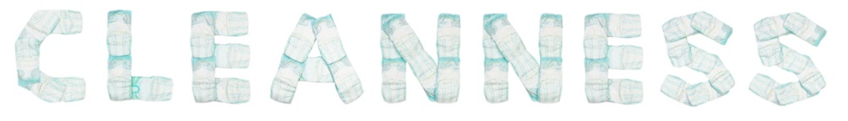 Word cleanness laid out baby diapers on a white background, isolate, napkin, inscription