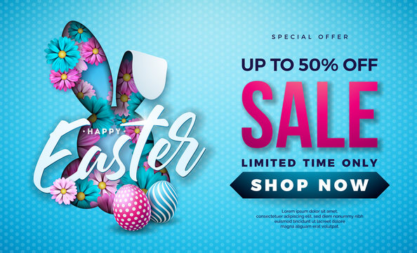 Easter Sale Illustration with Color Painted Egg, Spring Flower and Rabbit Ears on Blue Background. Vector Holiday Design Template for Coupon, Banner, Voucher or Promotional Poster.