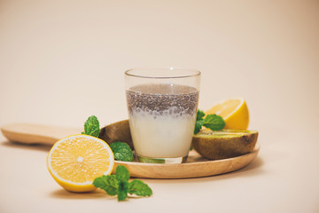 Healthy breakfast with chia pudding in glass