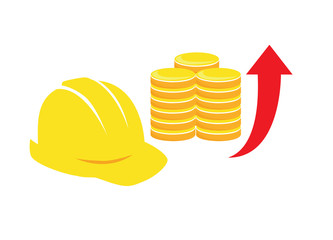 Vector image of a yellow hard hat, coins and an upwards arrow - an increase in wages, incomes or salaries.