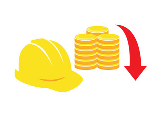 Vector image of a yellow hard hat, coins and a downwards arrow - a decrease in wages, incomes or salaries.