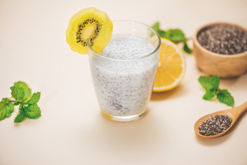 Healthy breakfast with chia pudding in glass