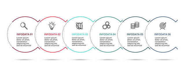 Linear infographic design vector and marketing icons for diagram, graph, presentation and round chart. Concept with 6 options